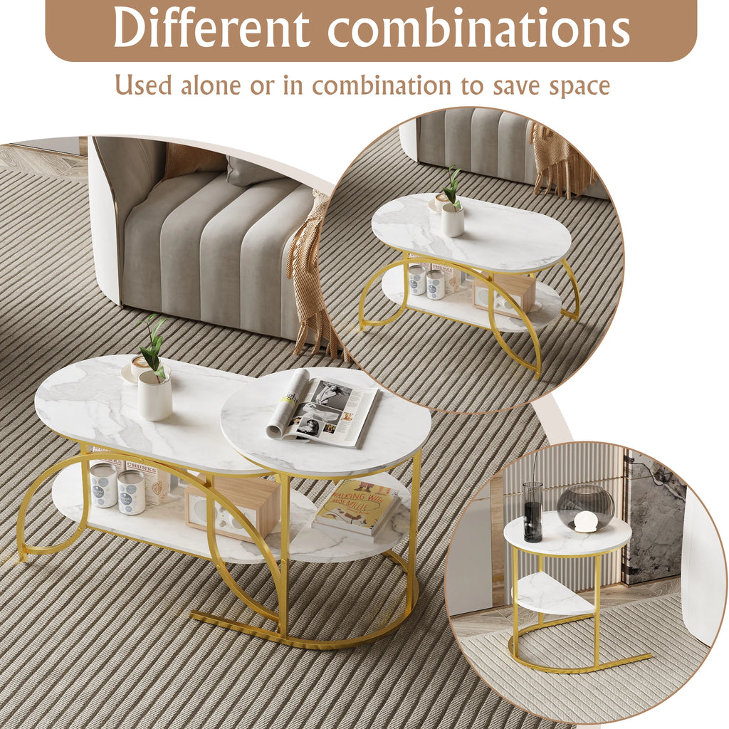 ROSAHQNDA Set of 2 Modern Coffee Tables Sofa table with 2 Layer Shelves MDF Board and Stable Metal Racks living room furniture
