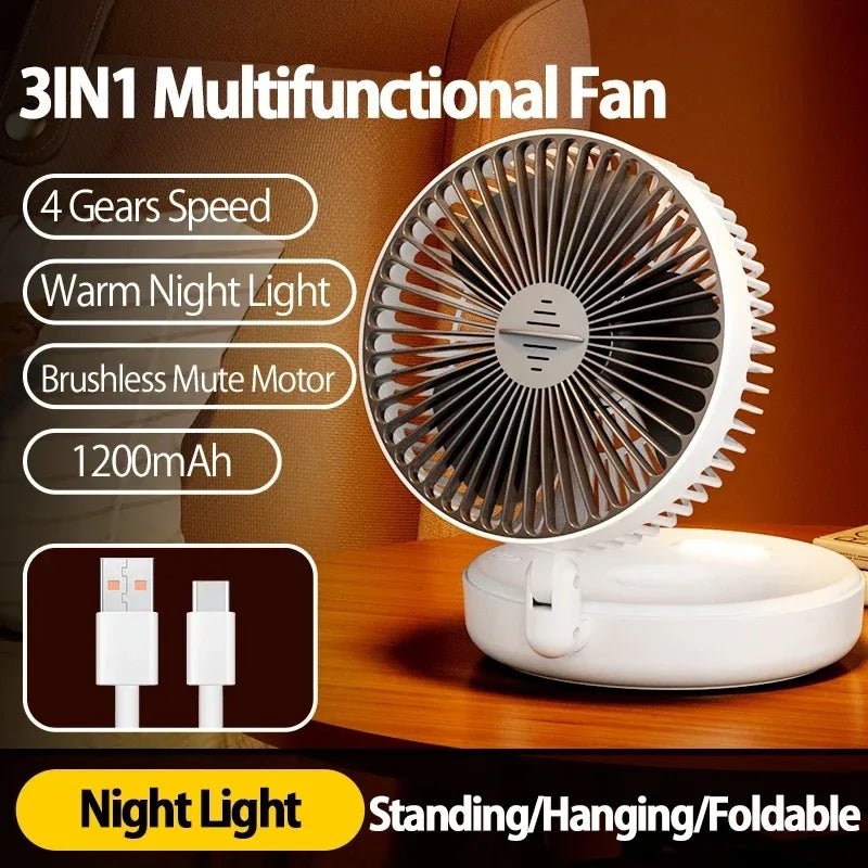Foldable Mini Wall - Mounted Fan With Warm Night Light Rechargeable - Motionshop