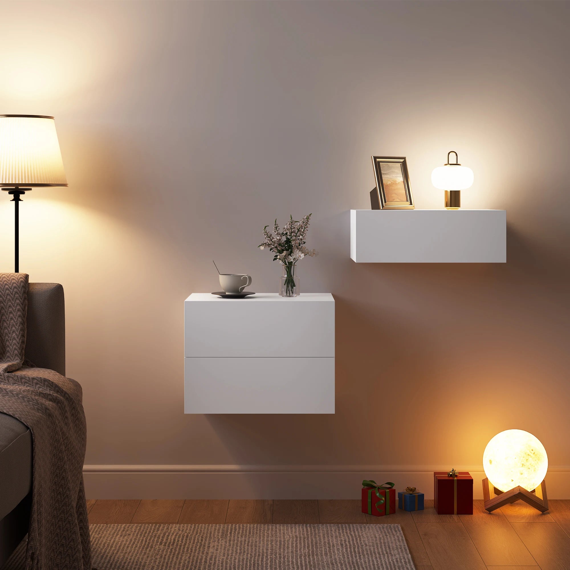 WOLTU 2PCS/Set Modern Bedroom Nightstand Hanging Bedside Table Wall Mounted Bedside Cabinet with Drawer for Living Room