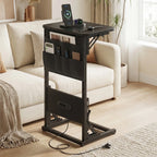 C Shape Small Laptop Table, Foldable End Desk with Power Outlets, Sofa Arm Tray Table with Storage Bag for Living Room, Bedroom