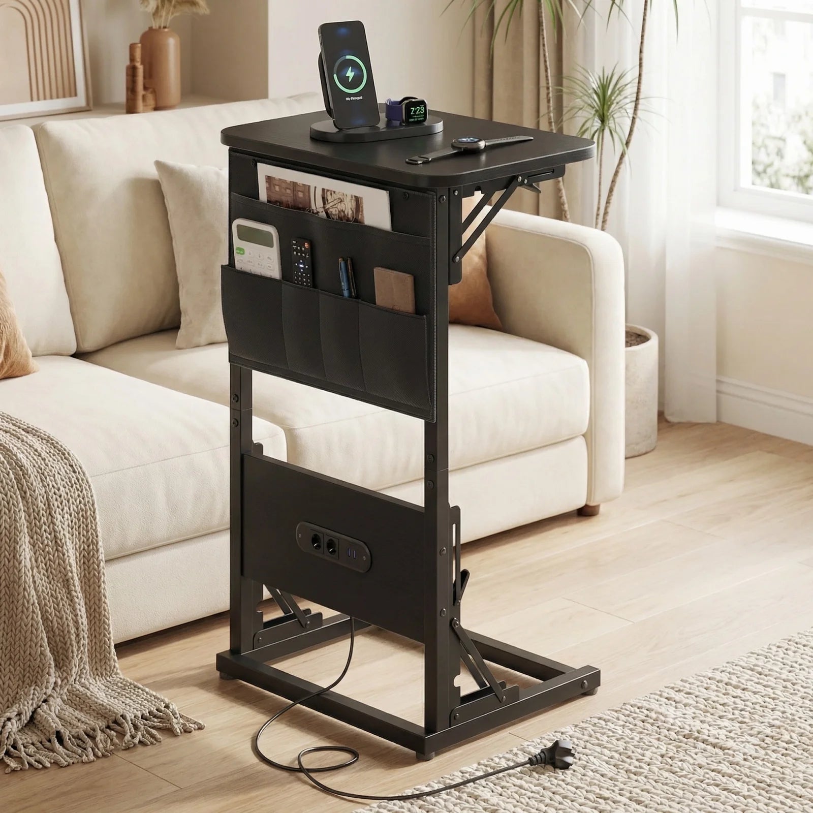 C Shape Small Laptop Table, Foldable End Desk with Power Outlets, Sofa Arm Tray Table with Storage Bag for Living Room, Bedroom