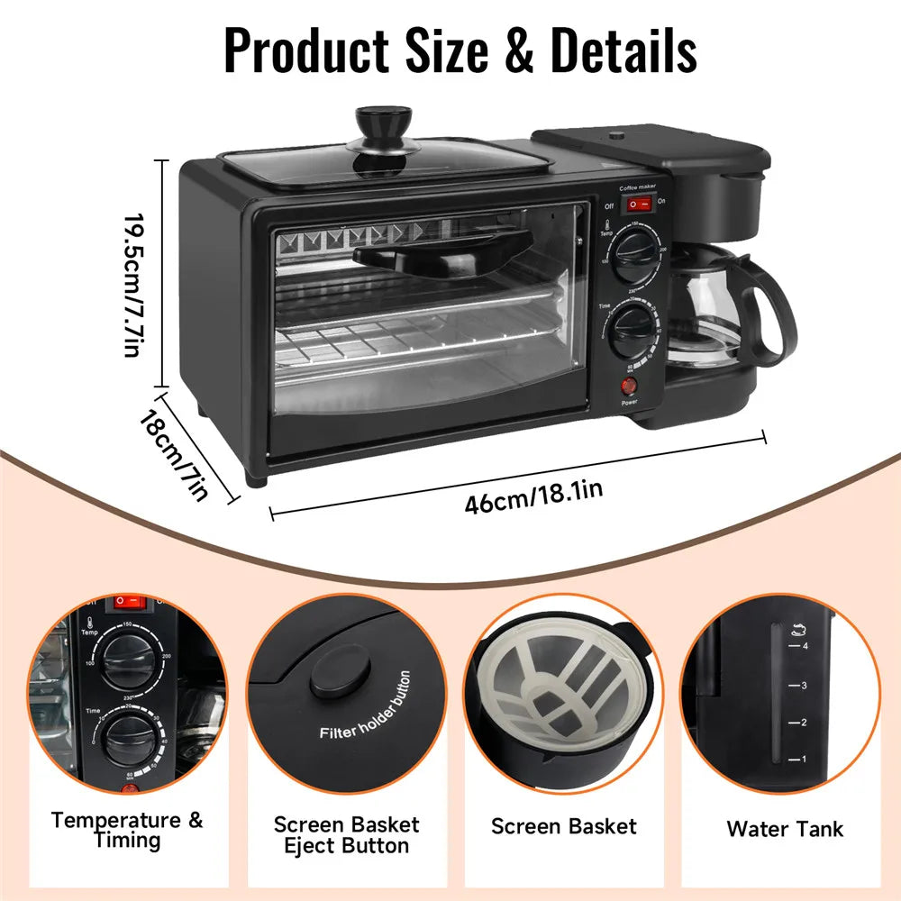 Multifunctional Breakfast Machine 3 in 1 Breakfast Maker Coffee Machine, Breakfast Station with 600 ml Coffee Maker +9 L Oven +Frying Pan, Toasters Breakfast Maker for Home Office