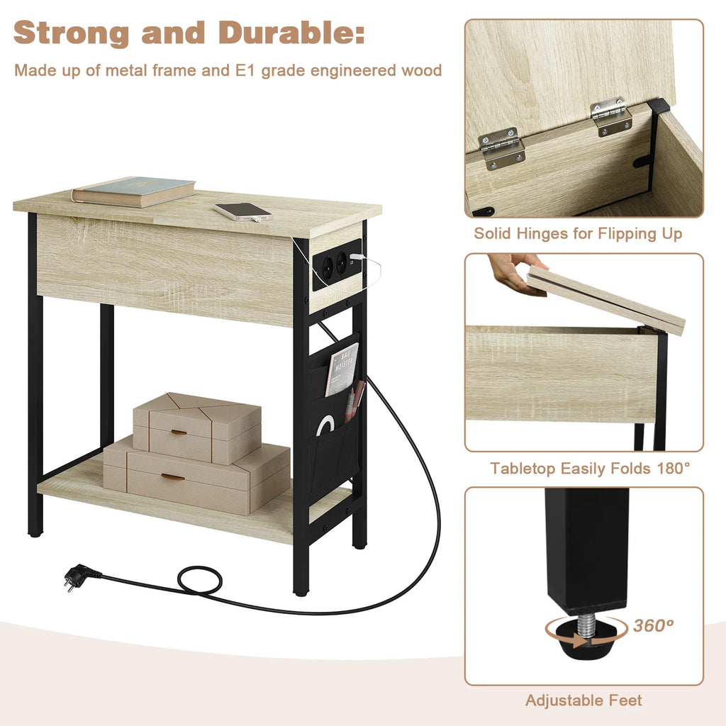 Side Table Sofa Coffee Table with Charging Station Bag Nightstand with 2 USB Ports 2 Sockets Folding Top End Table for Bedroom