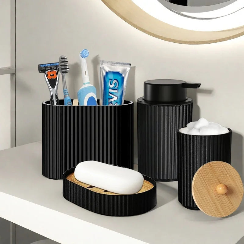 1set Bathroom Accessories Black Bath Toothbrush Holder, Foam Soap Dispenser, Cotton Ball Box and Soap Dish for Decorative