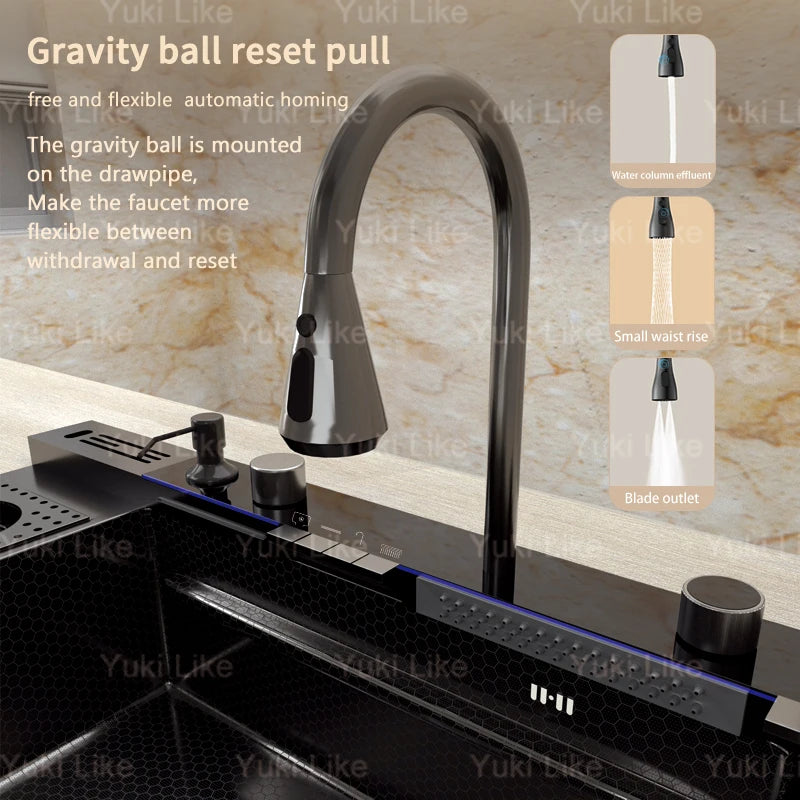 Stainless Steel Kitchen Sink With Waterfall Extra Large Single Bowl Digital Display Multifunctional Dishwashing Sinks