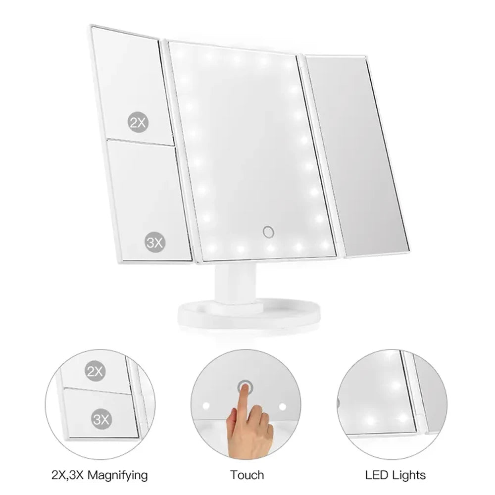 Touch Screen Trifold Cosmetic Makeup Mirror with Lights Women Gift