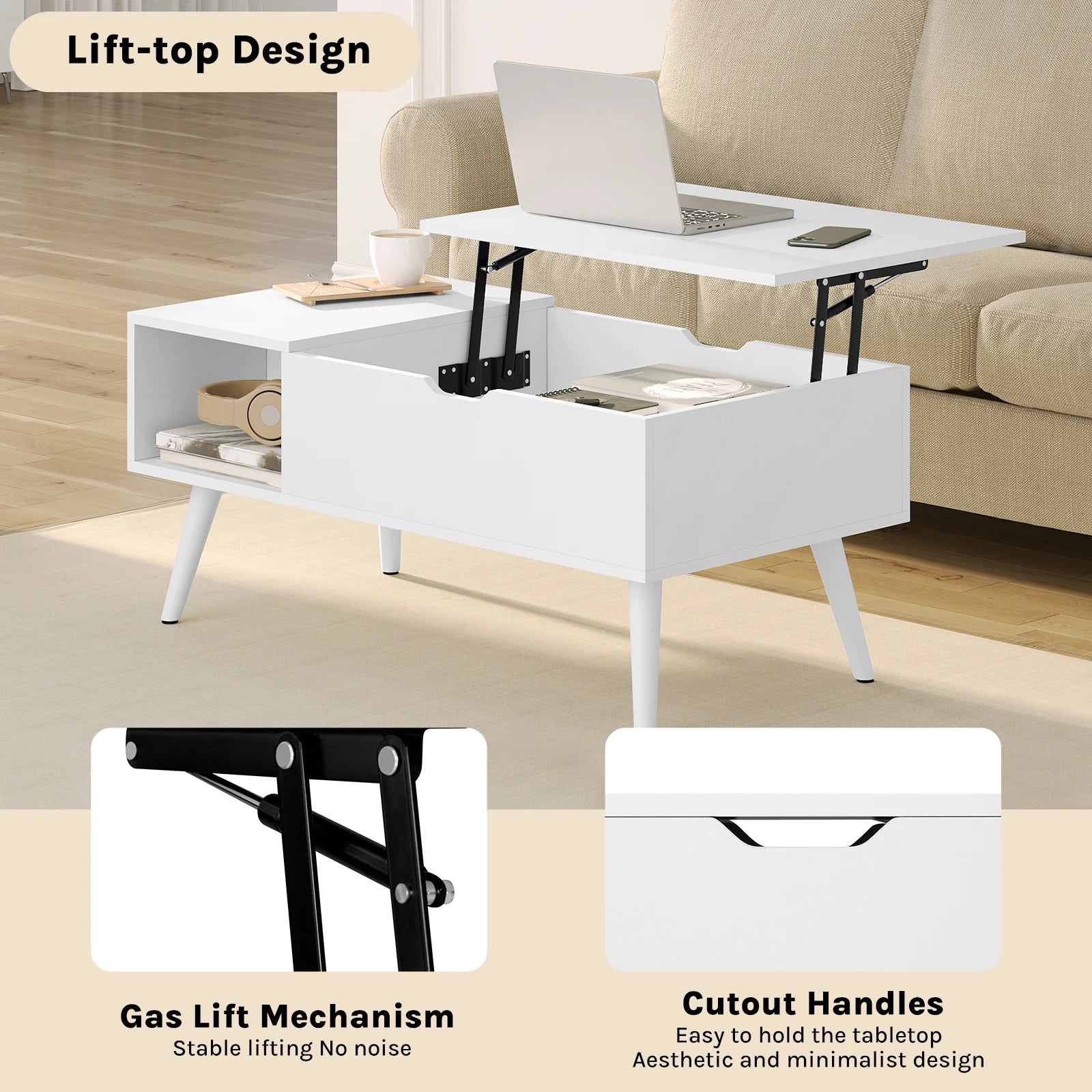 WOLTU Height-Adjustable Coffee Table Living Room Table with Hidden Storage Lifting Board Folding Table for Side Sofa Decor Home