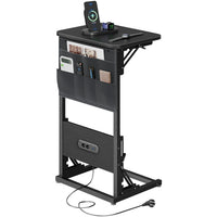 C Shape Small Laptop Table, Foldable End Desk with Power Outlets, Sofa Arm Tray Table with Storage Bag for Living Room, Bedroom