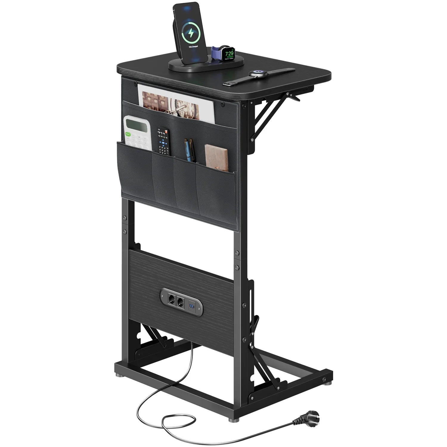 C Shape Small Laptop Table, Foldable End Desk with Power Outlets, Sofa Arm Tray Table with Storage Bag for Living Room, Bedroom