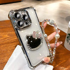 Kitty Mirror Phone Case for iPhone 17 16 Pro Max 16E 15 Plus 14 13 Mini 12 11 XS XR 7 8 SE Electroplate Shockproof Phone Case With Bracelet