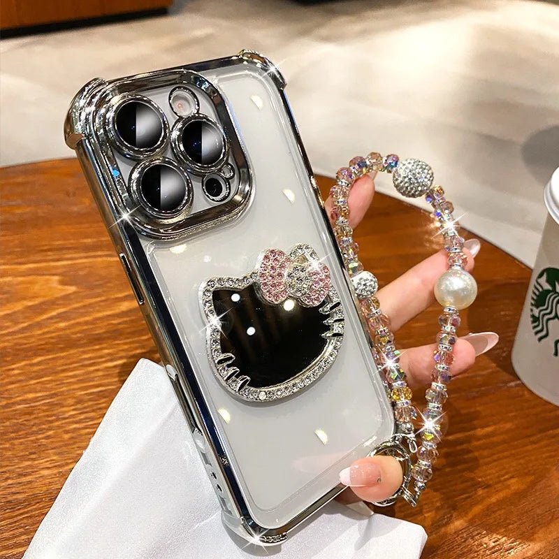 Kitty Mirror Phone Case for iPhone 17 16 Pro Max 16E 15 Plus 14 13 Mini 12 11 XS XR 7 8 SE Electroplate Shockproof Phone Case With Bracelet