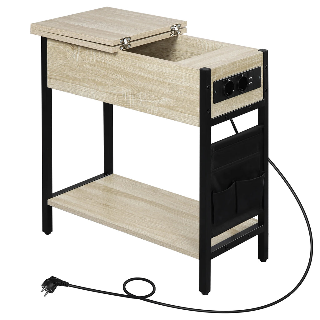 Side Table Sofa Coffee Table with Charging Station Bag Nightstand with 2 USB Ports 2 Sockets Folding Top End Table for Bedroom