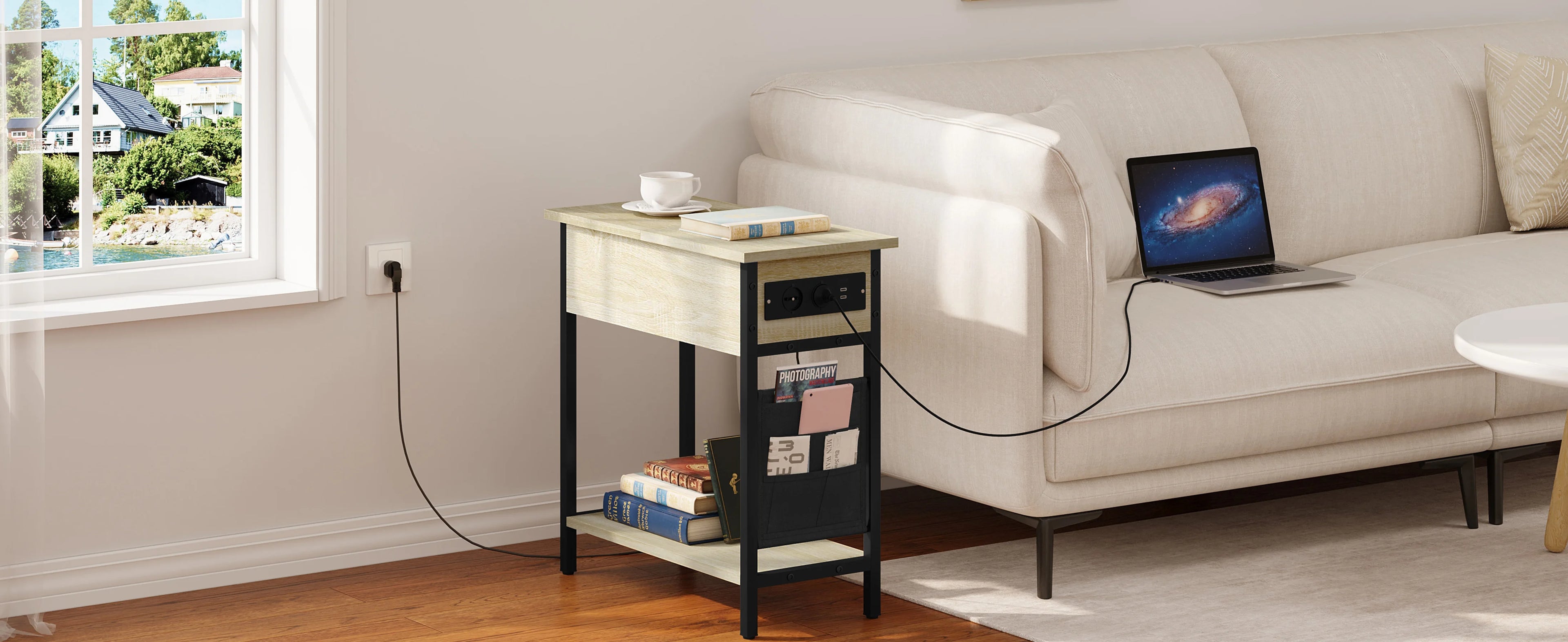Side Table Sofa Coffee Table with Charging Station Bag Nightstand with 2 USB Ports 2 Sockets Folding Top End Table for Bedroom
