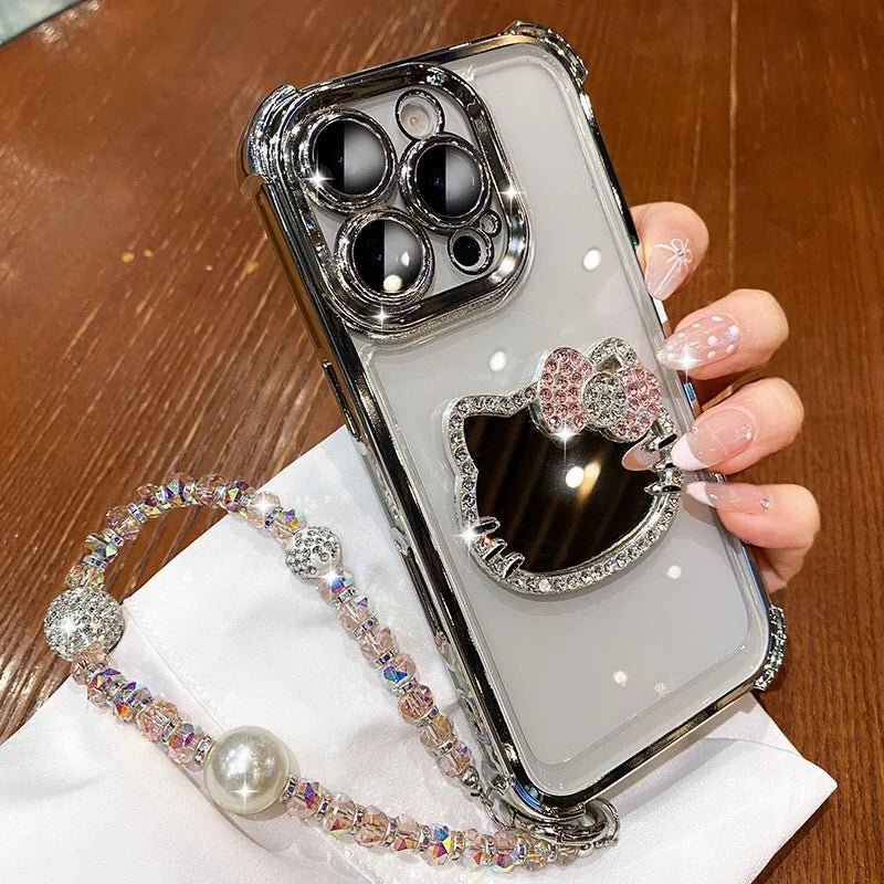 Kitty Mirror Phone Case for iPhone 17 16 Pro Max 16E 15 Plus 14 13 Mini 12 11 XS XR 7 8 SE Electroplate Shockproof Phone Case With Bracelet