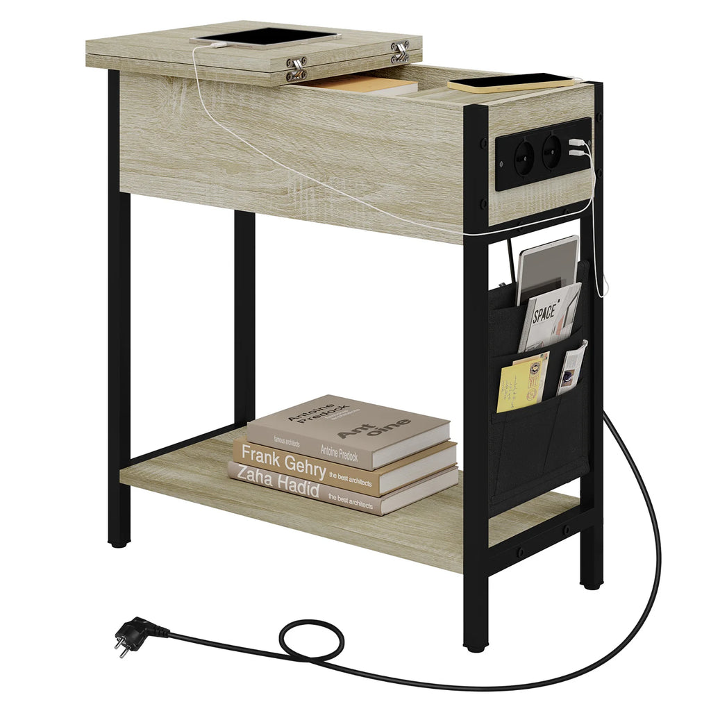 Side Table Sofa Coffee Table with Charging Station Bag Nightstand with 2 USB Ports 2 Sockets Folding Top End Table for Bedroom
