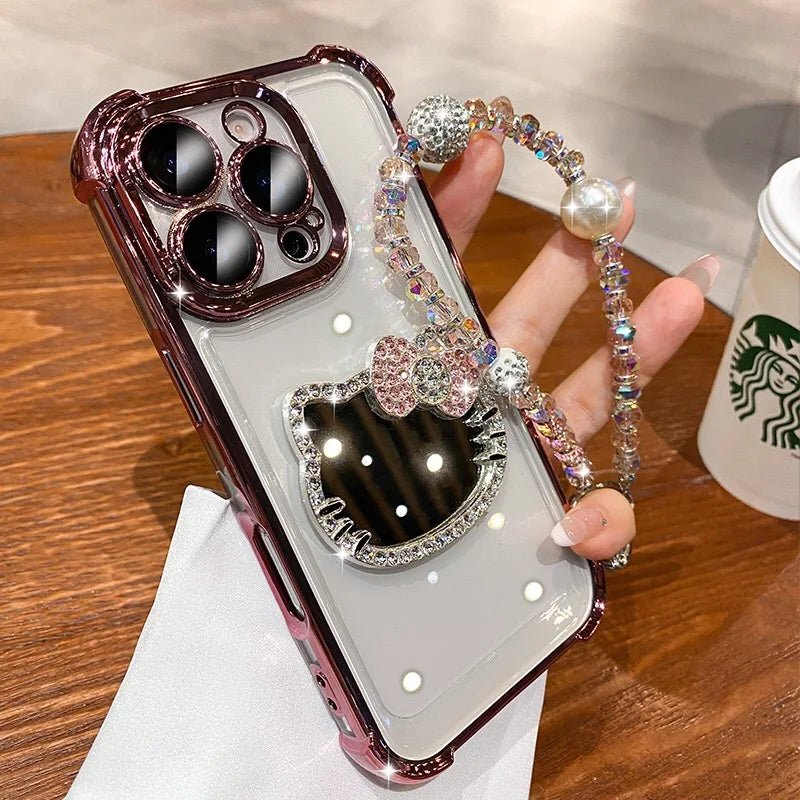 Kitty Mirror Phone Case for iPhone 17 16 Pro Max 16E 15 Plus 14 13 Mini 12 11 XS XR 7 8 SE Electroplate Shockproof Phone Case With Bracelet