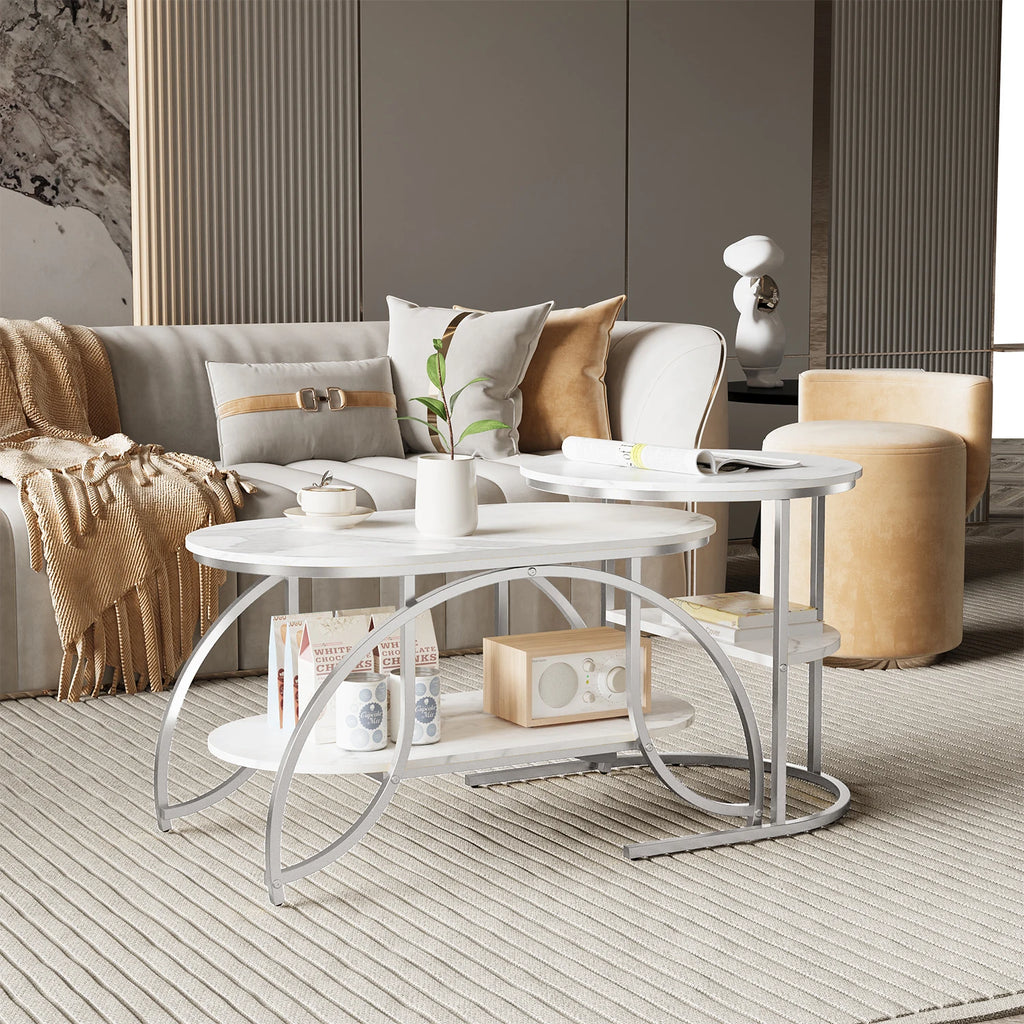 ROSAHQNDA Set of 2 Modern Coffee Tables Sofa table with 2 Layer Shelves MDF Board and Stable Metal Racks living room furniture