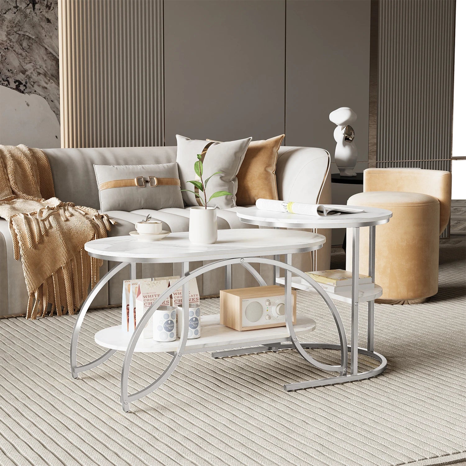 ROSAHQNDA Set of 2 Modern Coffee Tables Sofa table with 2 Layer Shelves MDF Board and Stable Metal Racks living room furniture