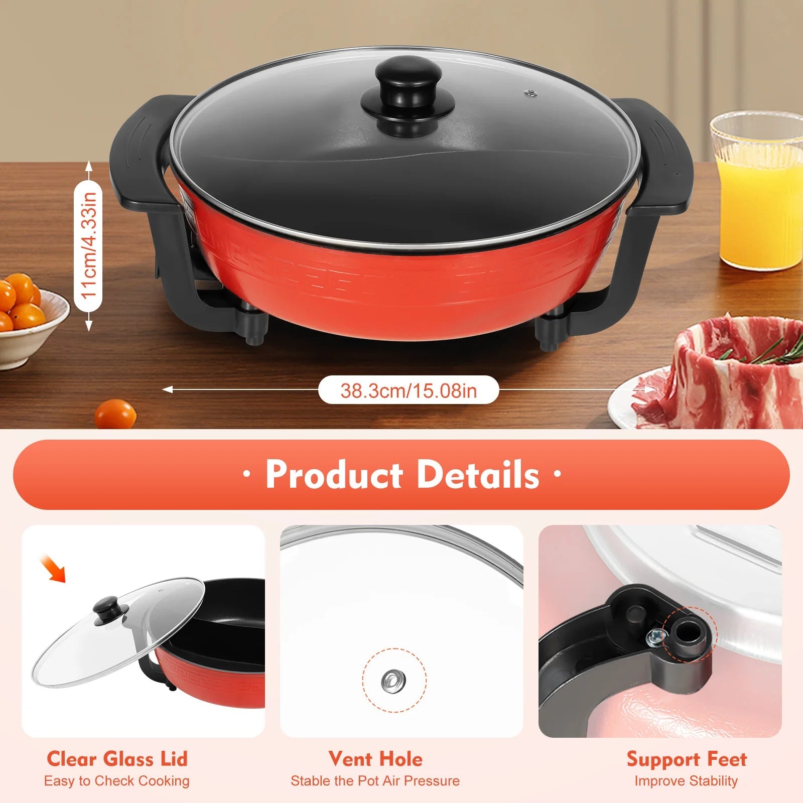 1360W Electric Hot Pot w/ 5 Temp Settings 6L Non-Stick Coating Large Capacity Skillet
