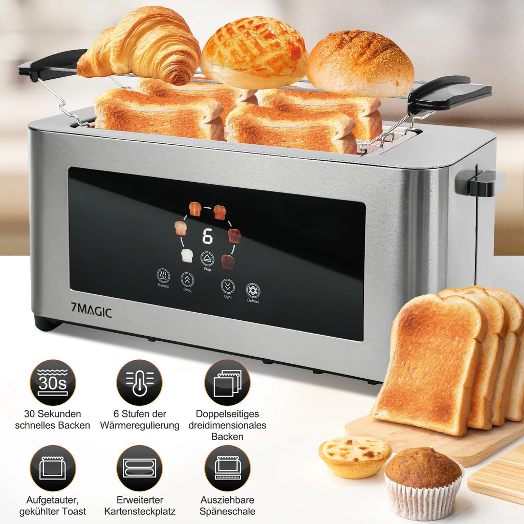 Toaster 1400W, stainless steel toaster, LCD touch display, 2 wide toast slots, 4 slices, 7 browning levels, bun holder,