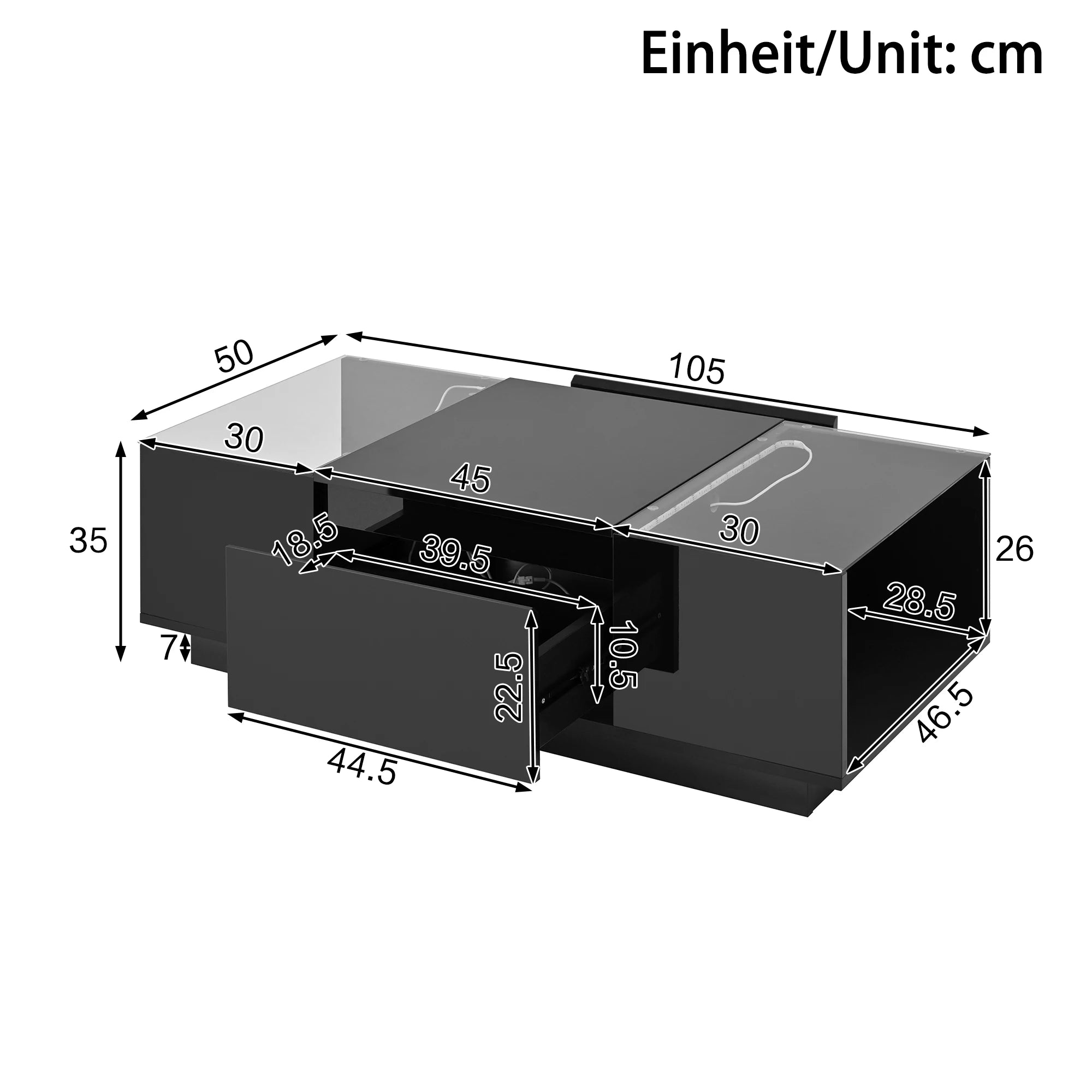 Table Basse LED 16 couleurs 2 tiroirs niches ouvertes structure robuste salon panneau particules noir