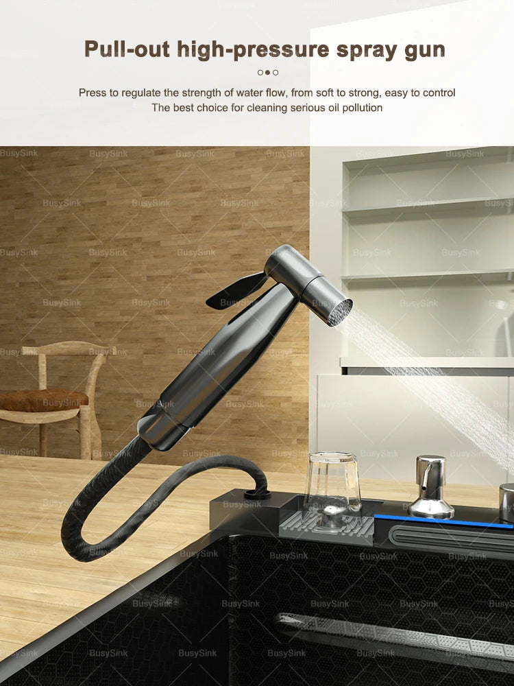 Stainless Steel Kitchen Sink With Waterfall Extra Large Single Bowl Digital Display Multifunctional Dishwashing Sinks