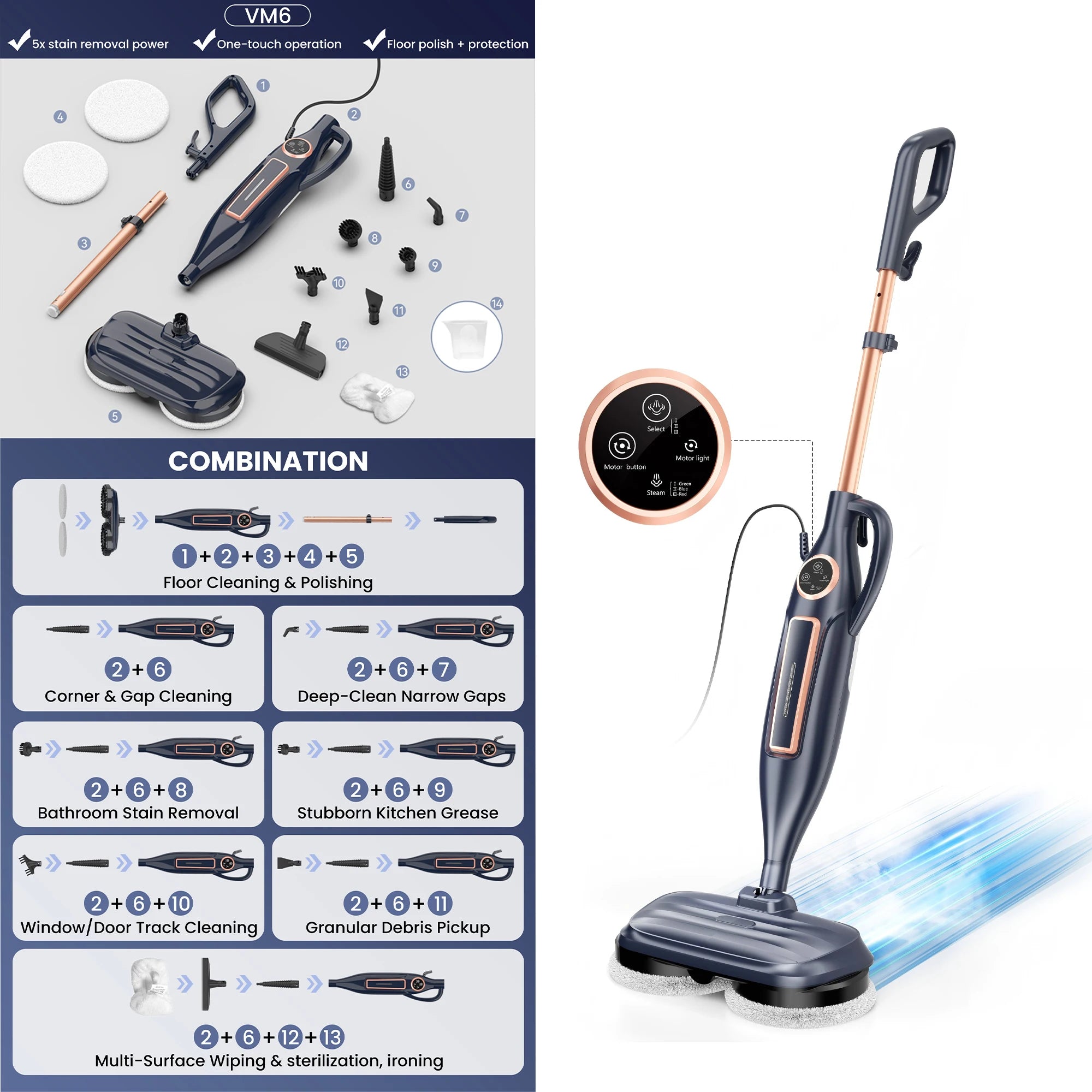 Steam Vacuum Mop, 1200W 8 in 1 Rotary Pads, 15 Seconds Fast Heating, Steam Mop for Kitchen,Carpet, Hardwood Floor