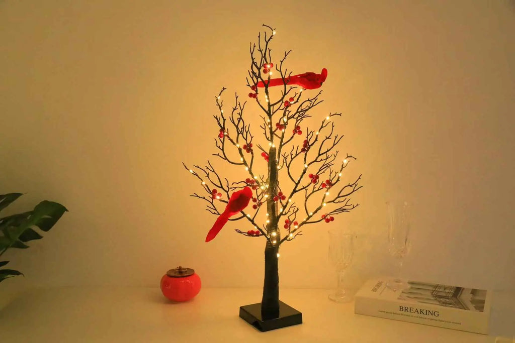 Lighted Mini Birch Tree Light LED Cardinals Christmas Tree Vintage Glowing Tree Light For Table Holiday Home Xmas Decoration