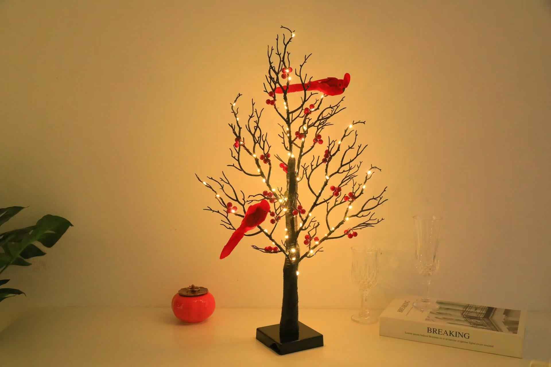 Lighted Mini Birch Tree Light LED Cardinals Christmas Tree Vintage Glowing Tree Light For Table Holiday Home Xmas Decoration