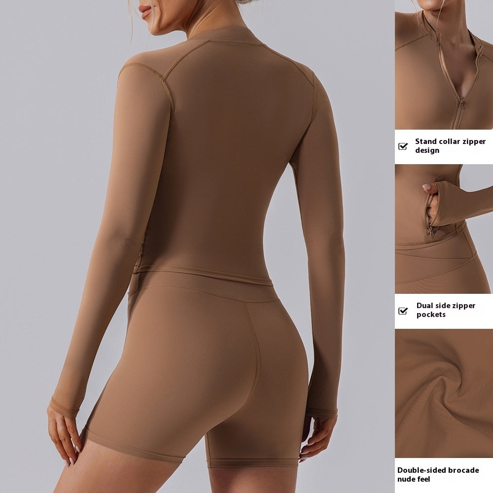 Autumn High Elastic Gym Sports Top Women Long Sleeve Cardigan Slim-fit Zipper