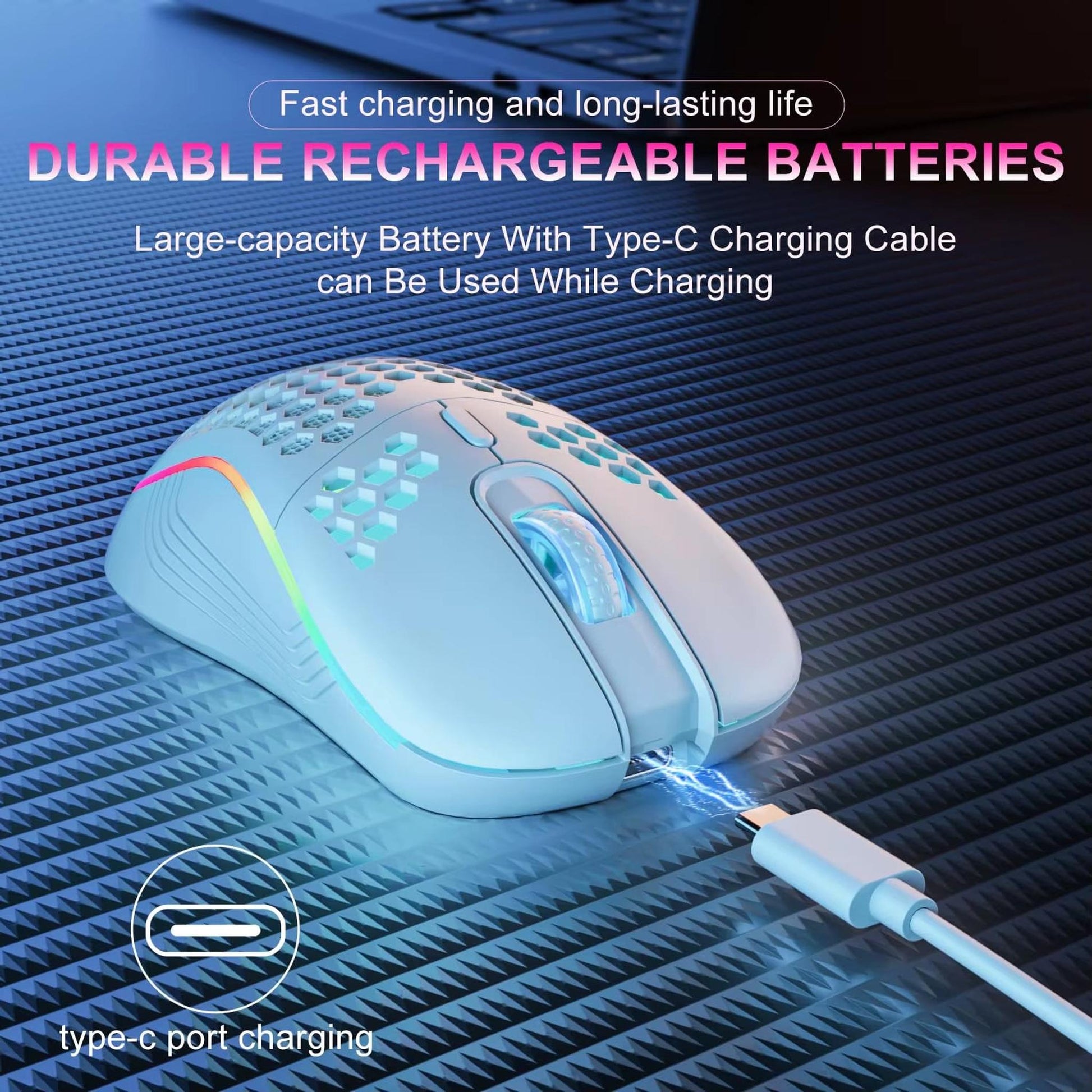2.4G Wireless Mouse with RGB Backlit 6-Button 3-Speed DPI Type C Rechargeable Ergonomic Honeycomb Design Gaming Mouse - Motionshop