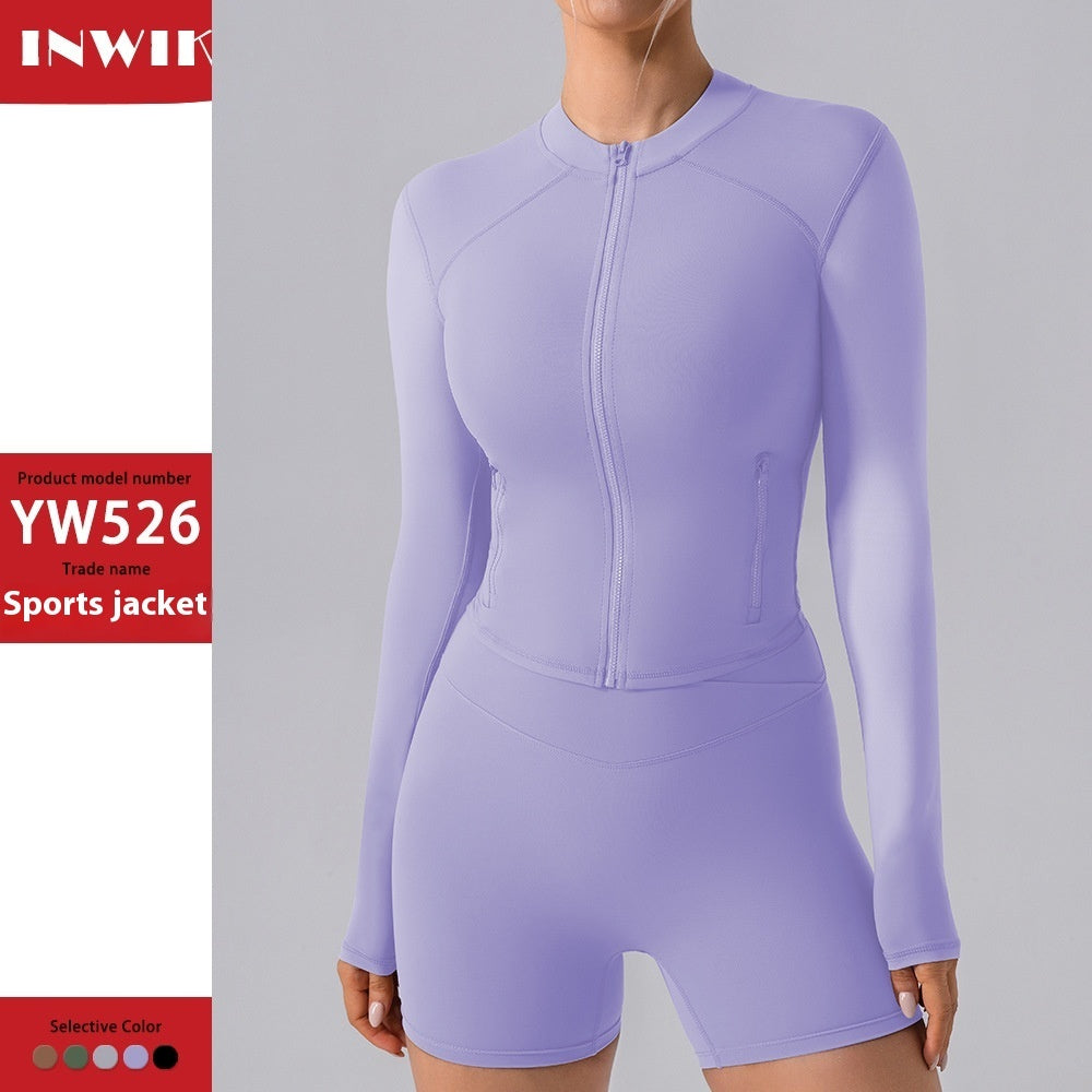 Autumn High Elastic Gym Sports Top Women Long Sleeve Cardigan Slim-fit Zipper