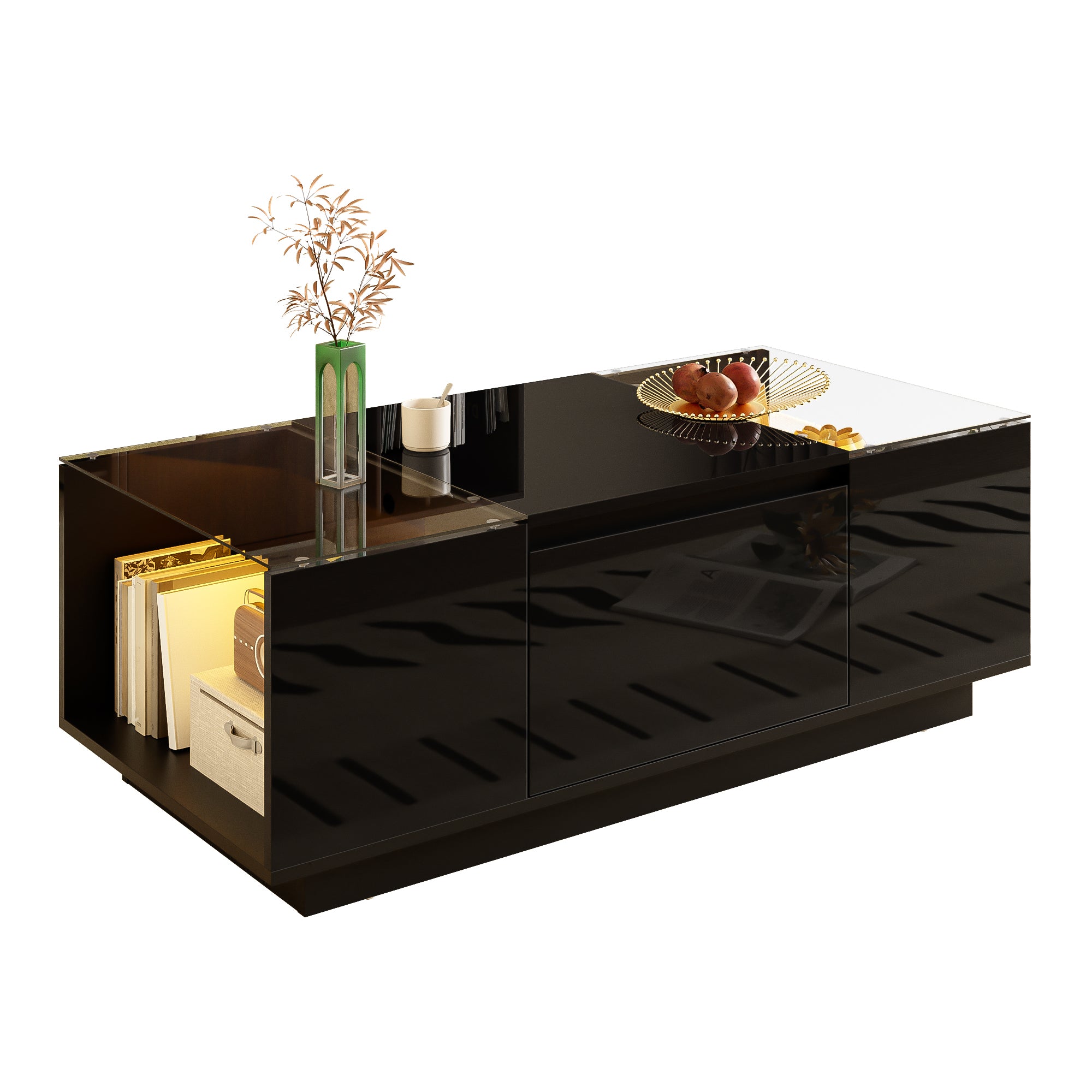Table Basse LED 16 couleurs 2 tiroirs niches ouvertes structure robuste salon panneau particules noir