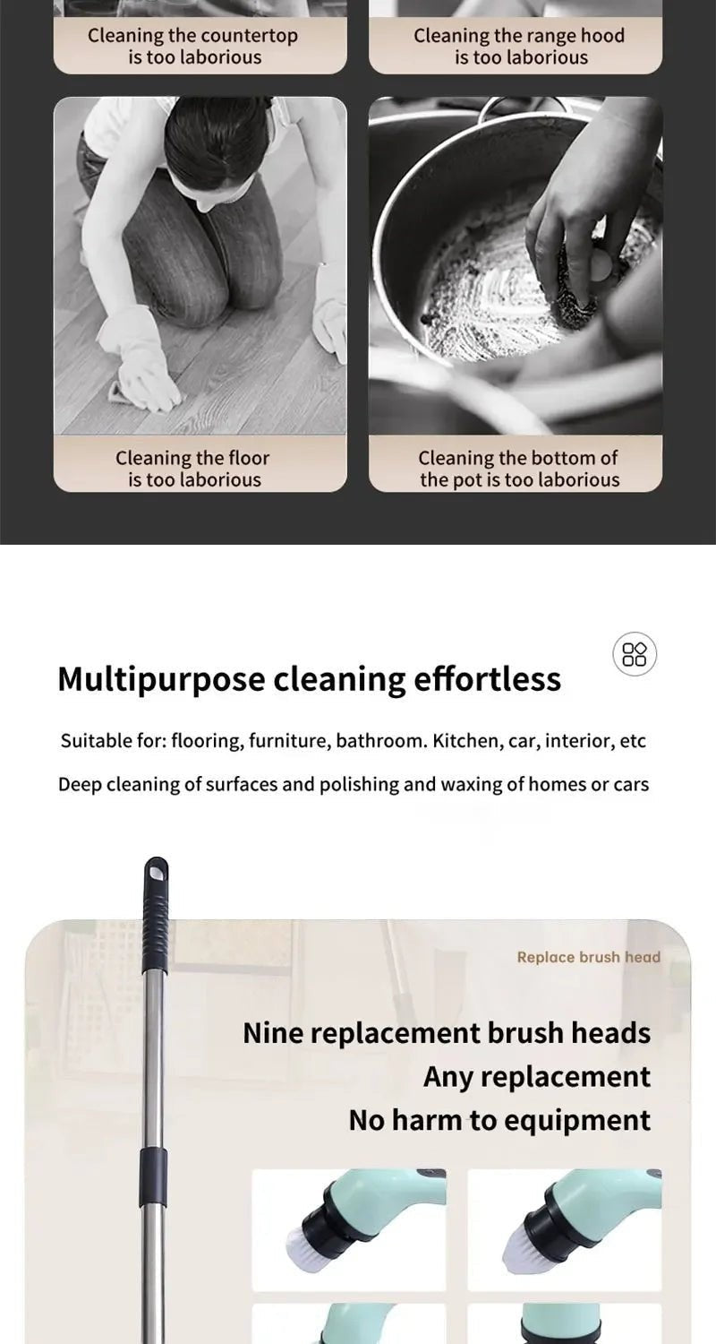 9 in 1 Electric Spin Scrubber Cordless Cleaning Brush Shower Scrubber Adjustable Extension Handle Waterproof For Tub Tile Floor